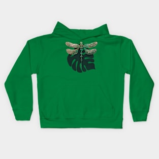 Dragonfly Green Abstract and a Monstera Leaf Kids Hoodie